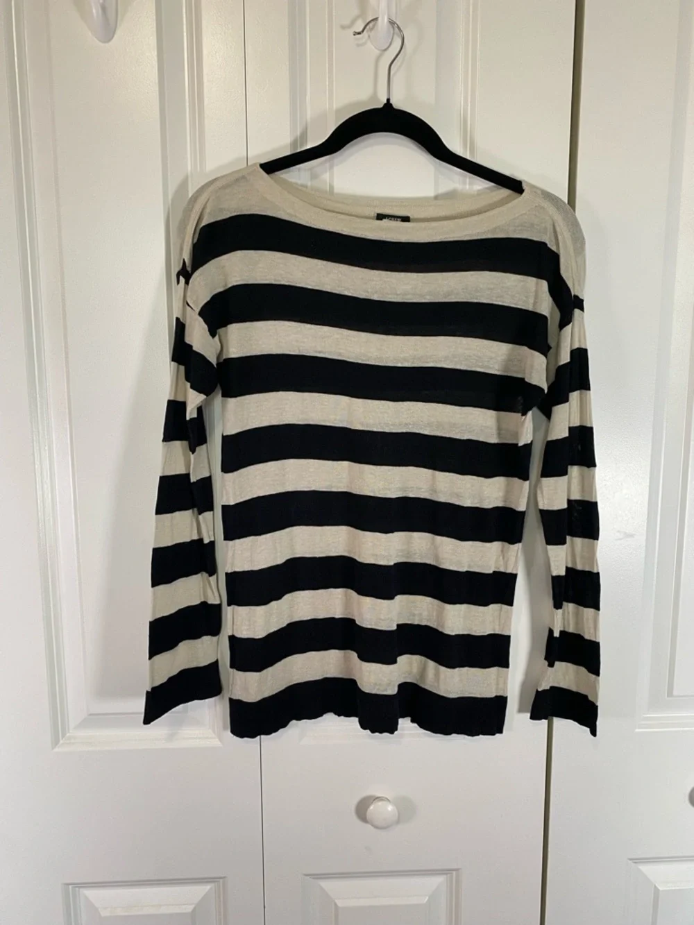J. Crew Black and Cream Striped Scoop-Neck Sweater
